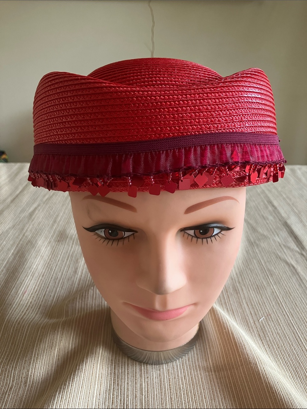Red Vintage Straw Pillbox Hat with Decorative Red Sequined Trim